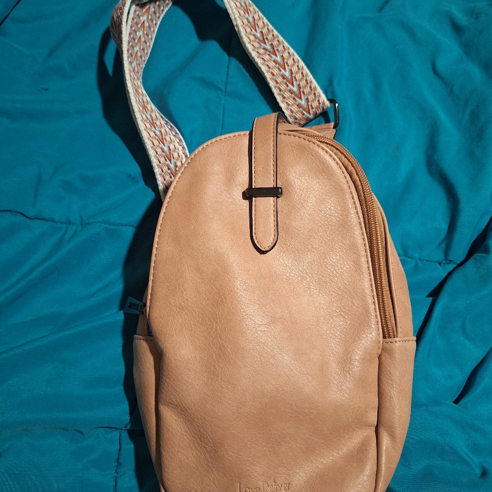 Pink Tan Backpack Paterned Strap Sling Bag NWOT - Picture 3 of 6